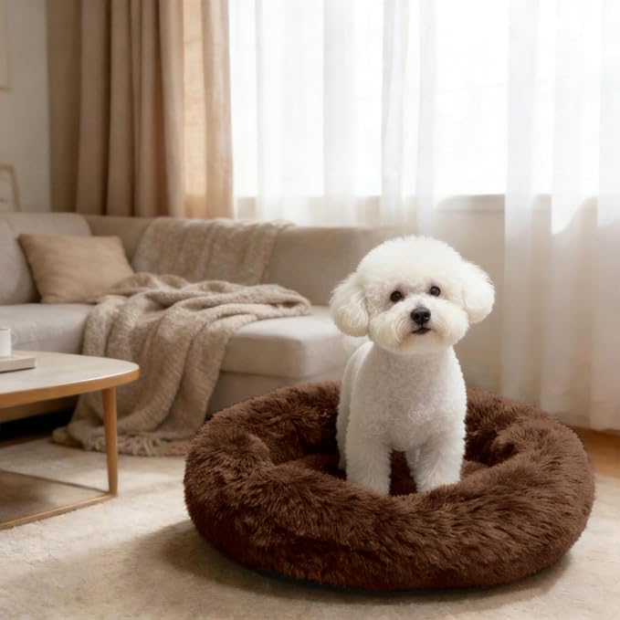 Comfort Donut Dog Bed for Small Dogs, Cat Bed & Pet Bed for Indoor Use, Medium Size with Soft Plush, Round Dog Beds for Large Dogs and Cats (Coffee, 20''Lx20''Wx8''Th)