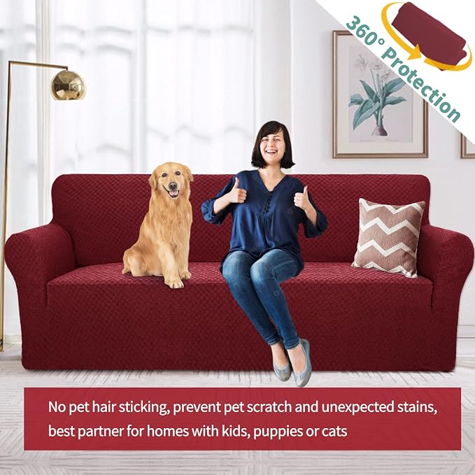YEMYHOM Couch Cover Latest Jacquard Design High Stretch Sofa Covers for 3 Cushion Couch, Pet Dog Cat Proof Slipcover Non Slip Magic Elastic Furniture Protector (Sofa, Christmas Wine Red)