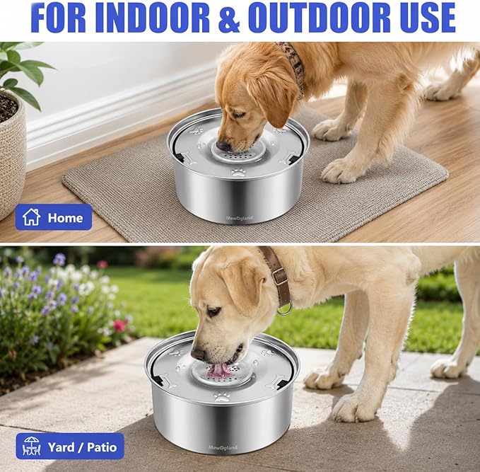 Dog Water Bowl No Spill, 3L/101oz Stainless Steel Slow Feeder Dog Bowl with Floating Disk, Spill Proof Dog Water Bowl Dispenser for Messy Drinkers, Anti Splash Large Dog Bowl with Filter