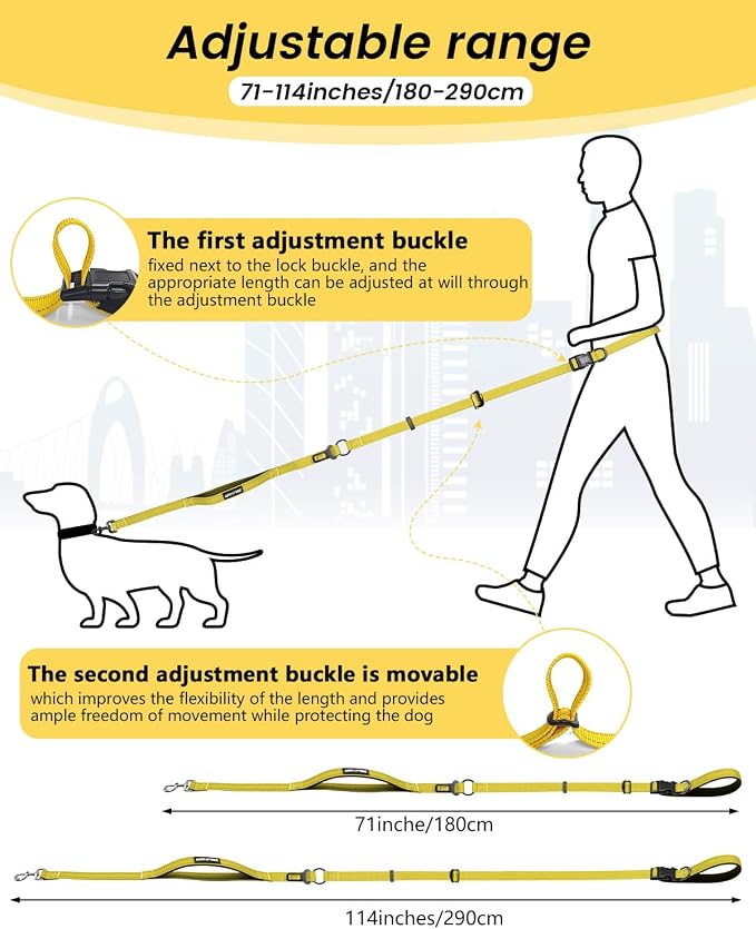 Hands Free Dog Leash & Car Seatbelt, 5.9-9.5ft Crossbody Dog Belt with Dual Soft Handles, Shock-Absorbing, 360° Clip, Reflective Design for Walking, Running, Hiking, Travel.(Yellow)