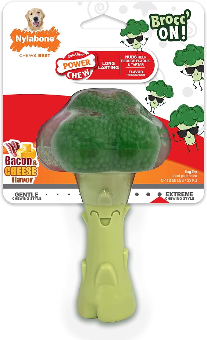 Nylabone Broccoli Power Chew Toy for Dogs, Dog Toys for Aggressive Chewers, Bacon & Cheese Flavor, Large Dogs - Up to 50 lbs, 1 Count
