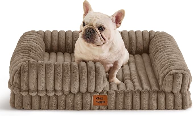 ChiXnuggle Rectangular Orthopedic Dog Bed for Medium Dogs, Waterproof Washable Faux Rabbit Fur Dog Couch with Egg Crate Foam Support, Bolster Pet Sofa with Non-Slip Bottom, 30x24x7, Taupe