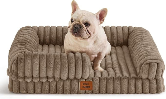 ChiXnuggle Rectangular Orthopedic Dog Bed for Medium Dogs, Waterproof Washable Faux Rabbit Fur Dog Couch with Egg Crate Foam Support, Bolster Pet Sofa with Non-Slip Bottom, 30x24x7, Taupe