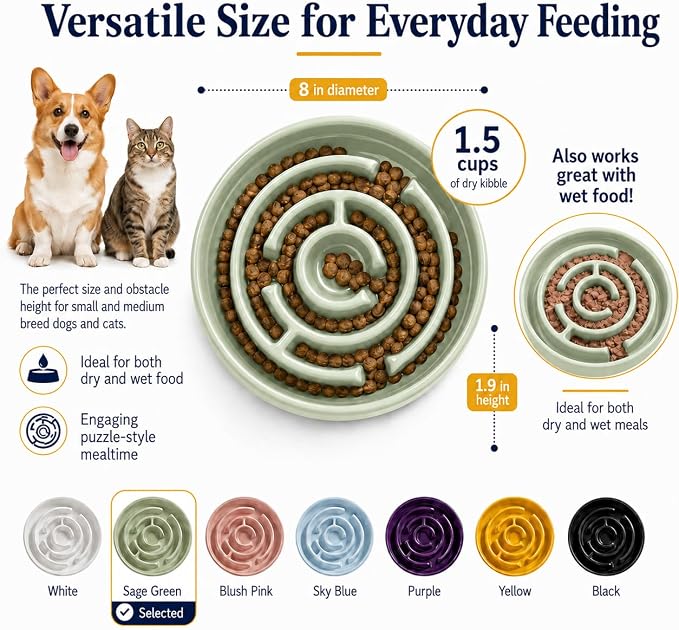 Ceramic Slow Feeder Dog Bowls with Anti-Slip, Slow Feeder & Non-Slip Design, Boredom and Anxiety Reducer, Suitable for All Breed Dogs and Cat (Ceramic-Green)