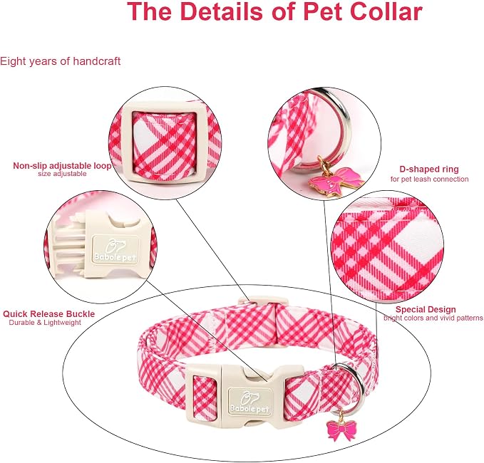 Girl Dog Collar, Bright Pink Glen Check Dog Collars for Small Dogs - Cute Spring Summer Plaid Pup Collar, Soft Adjustable Female Dog Collars with Quick Release Buckle S