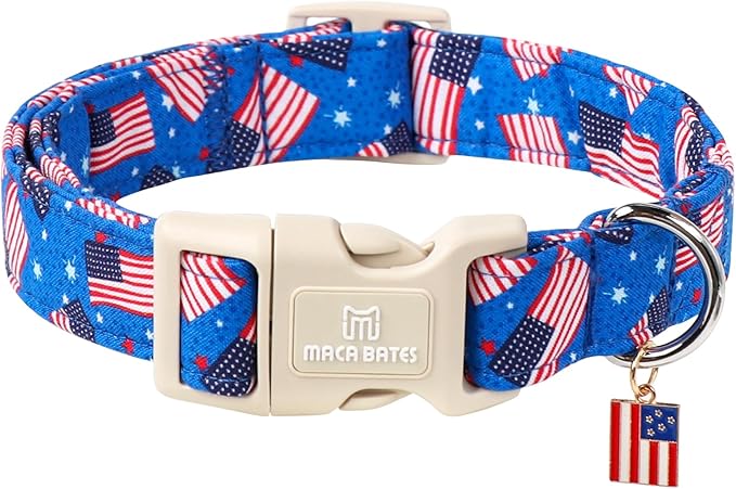 Maca Bates 4th of July Basic Dog Collar with America Flag Charm for Extra Small Boy Girl,Blue Dot USA Flags Dogs Collars Adjustable Soft Independence Day Gift for Male Female Puppy