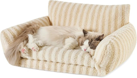 Hollypet Cat Bed Fluffy Plush Multifunctional Double-Layer Machine Washable Soft Warming Kitty Pet Couch Orthopedic Nest Beds for Small Cats Kitten and Dogs up to 13lbs, Beige(25x20x13 inch)