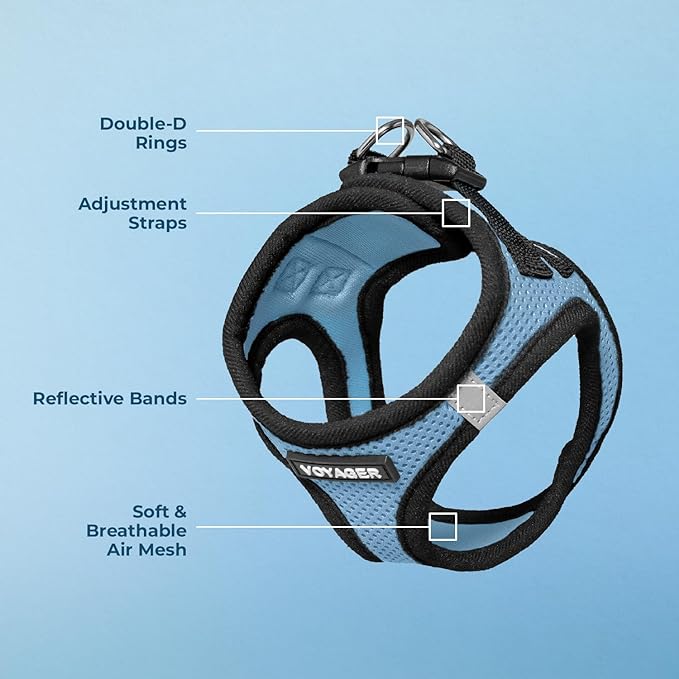 Best Pet Supplies - All Weather Mesh / Plush, Reflective, No Pull Harness for Small, Medium Dogs, Cats - Secure with Hook & Loop Fastener, Buckle, Double D-Rings - Baby Blue/Black Trim, XL