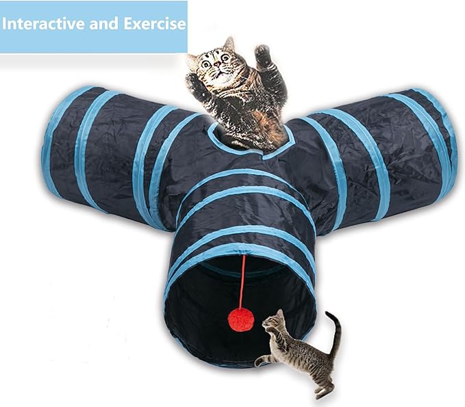 Cat Tunnel Tube Toys，Tunnels for Indoor Cats, 3 Way Blue Collapsible Interactive Toy with Balls for Rabbits, Kittens, Ferrets, Puppy