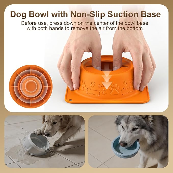 Slow Feeder Dog Bowl for Liquid Treats, Anti-Slip Lick Bowl with Smooth Rolling Ball, No Spill Pet Bowl Yogurt Water Pup Lick Toy for Large Medium Small Dogs and Cats, Anxiety Relief Boredom, Orange