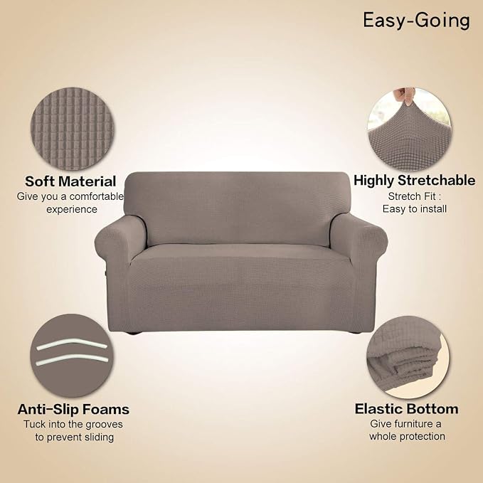Easy-Going Stretch 4 Seater Sofa Slipcover 1-Piece Sofa Cover Furniture Protector Couch Soft with Elastic Bottom for Kids, Polyester Spandex Jacquard Fabric Small Checks Taupe