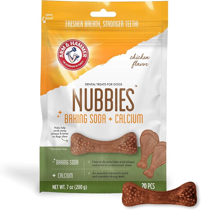 Arm & Hammer for Pets Nubbies Dental Treats Baking Soda Calcium Nubbed Texture Helps Scrub Plaque Tartar Chicken Flavor Daily Oral Care 20 Count 7 OZ Single Bag Daily Home Dental Care Bag
