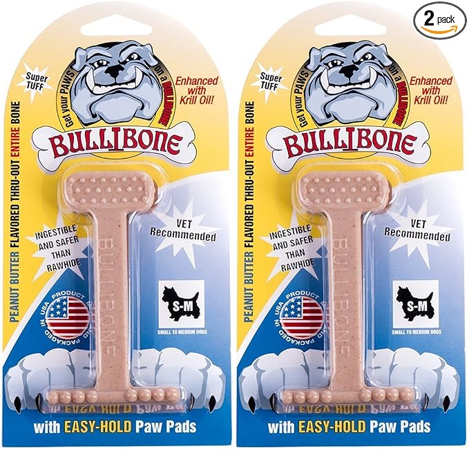 Bullibone Nylon Dog Chew Toy for Aggressive Chewers - Dental Hygiene Bone with Peanut Butter Flavor, Durable Tough Chew Toys for Small Dogs, Indestructible Dog Bone - 2 Pack
