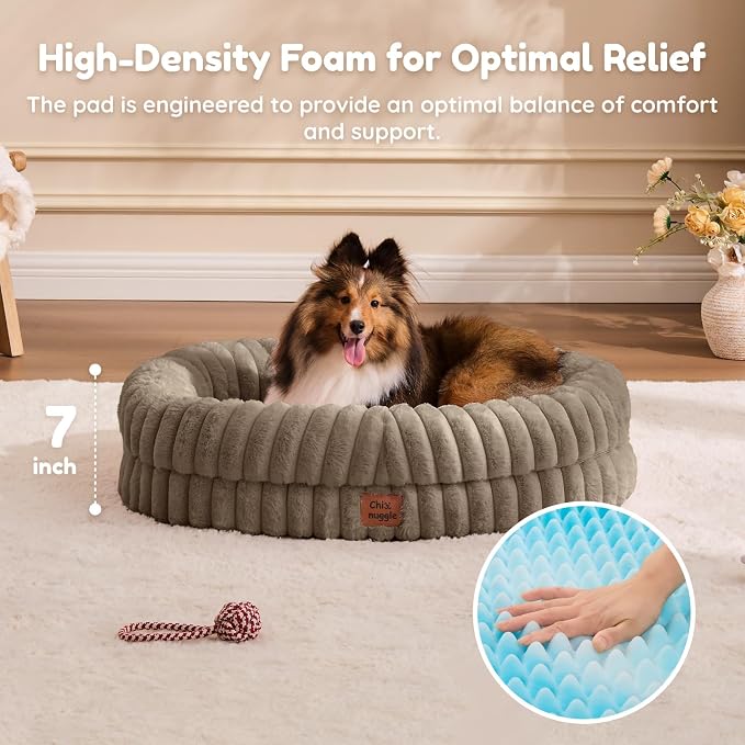 ChiXnuggle Orthopedic Dog Bed for Medium Dogs, Waterproof Faux Rabbit Fur Dog Couch with Egg Crate Foam Support and Washable Removable Cover, Bolster Pet Sofa with Non-Slip Bottom, 30x24x7, Taupe
