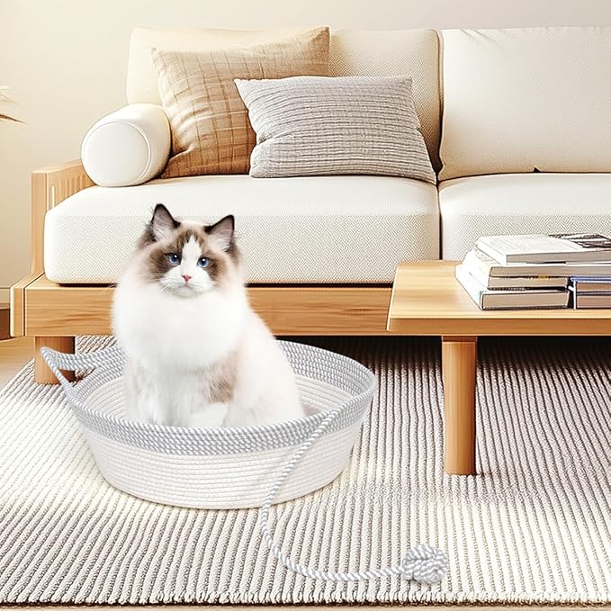 Hand Woven Cat Bed Basket With Toy Tail, Cotton Rope Foldable Sleeping Basket, Kitten Shaped House for Cats, Puppies, Rabbits and Small Pets (Medium, Gray & White)