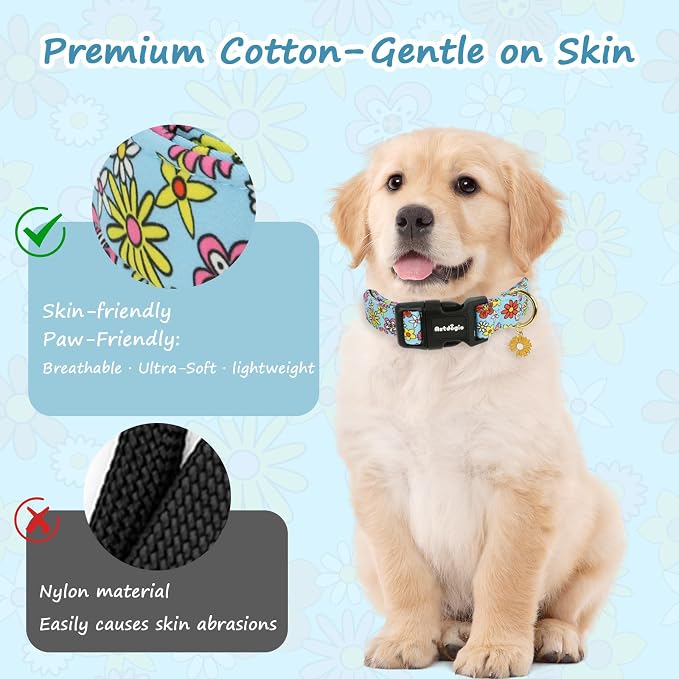 Dog Collar for Large Dogs, Spring &Summer Theme Dog Collars with Colorful Flower Pattern, Adjustable Blue Small Dog Collars, Cute Girl or Boy Dog Collar Ideal for Gifts,Pet Accessory