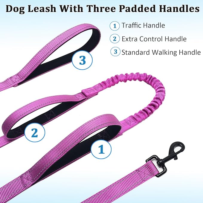 WYuZe 3 Handle Dog Leash for Large Medium Dogs- 7FT Reflective, Shock Absorbing Bungee, Heavy Duty Training Leash with Three Padded Traffic Handles for Control & Jogging, Purple