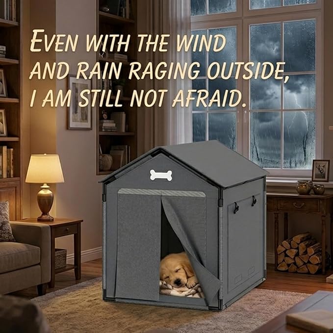 Dog House Indoor Outdoor Dog Kennel with Cushion for Small Medium Dogs Cats, Cozy Cooling Cat Nest Puppy Cave Sofa Pet Products Easy Assembly Grey, L w/Door Curtain: 27.6" L x 21.3" W x 26.8" H