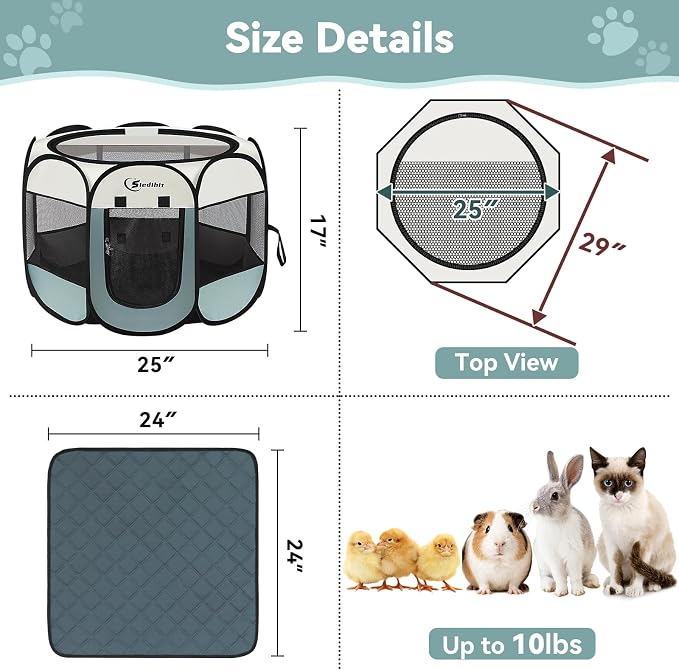 Siedihit Dog Playpen with Washable Pee Pad, Puppy Pet Cat Playpen Small Dogs Tent Crate Indoor/Outdoor, Portable Pop Up Kennel with Carrying Case for Cats/Rabbits(Grey,Small with pad)