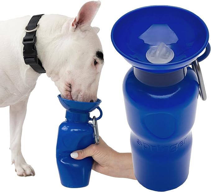 Springer Dog Water Bottle | Portable Travel Drinking Feeder Dispenser for Dogs & Puppies | As Seen on Shark Tank | Leak-Proof Bowl | BPA-Free | Outdoor Walking, Hiking & Travel | 22oz Indigo