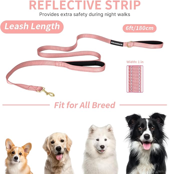 Reflective Dog Leash with Double Handle, Dog Leash 6 FT Long, Supports Medium and Large Dogs, Heavy Duty for Walking, Running, and Training, Pink