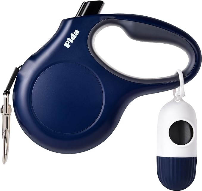 Fida Retractable Dog Leash with Dispenser and Poop Bags, 16 ft Pet Walking Leash for Small Dog or Cat up to 26 lbs, Anti-Slip Handle, Tangle-Free, Reflective Nylon Tape (S, Navy Blue)