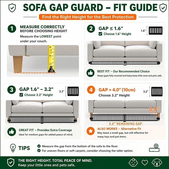 Under Couch Toy Blocker for Kids & Pets – No-Glue Sofa Gap Filler Secured to Sofa Legs, Under Couch Guards, Floor & Carpet Friendly, Quick Install & Removable, 3.2" Height, 12 Pack