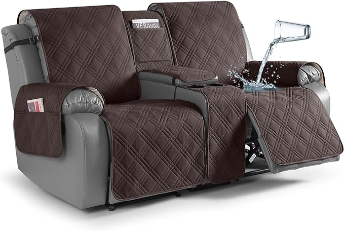 TAOCOCO Loveseat Recliner Cover with Center Console, 100% Waterproof Pet Cover for Dual Recliner with Straps Design, Split Reclining Loveseat Covers Furniture Pet&Kids Protector (2 Seater, Chocolate)