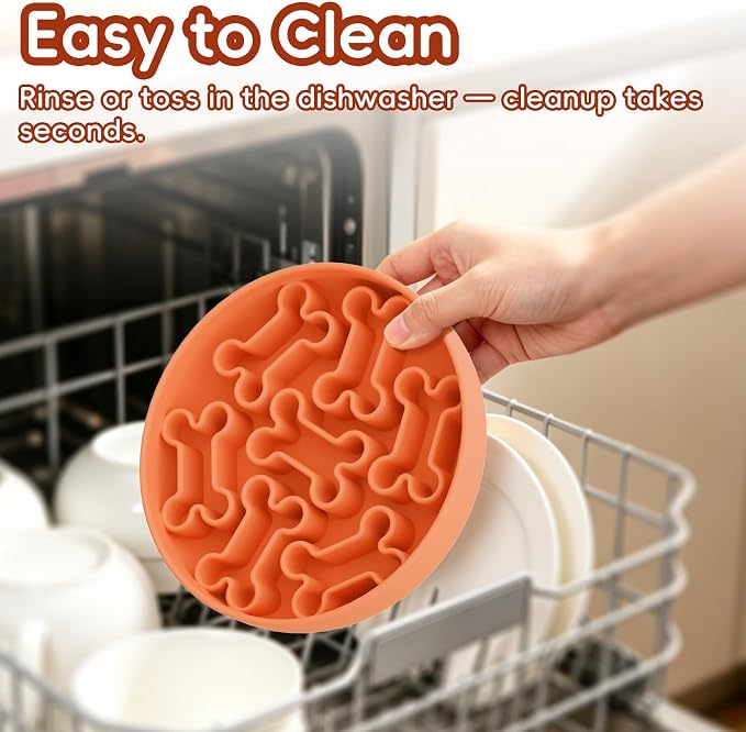Silicone Slow Feeder Dog Bowl – Orange Bone Pattern | Food-Grade Non-Slip Dog Dish for Anti-Bloat, Fast Eating Prevention, 7.5” x 1.5”, Dishwasher Safe