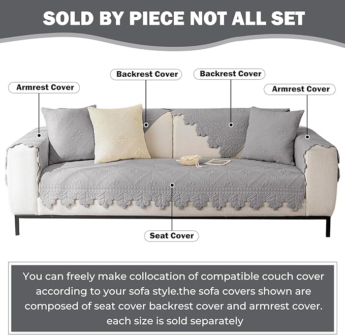 Cotton Quilted Dog Couch Cover for Sofa Farmhouse Rustic Embroidery Sectional Couch Cover Soft Anti-Slip Sofa Slipcover Furniture Protector for Kids, Pets (Grey,36"x36")