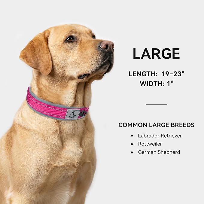 Joytale Dog Collar for Large Dogs, Neoprene Padded and Adjustable, Reflective Wide Heavy Duty Pet Collars with Durable Metal Belt Buckle for Walking, Hotpink, L