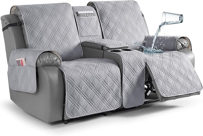 TAOCOCO Recliner Covers with Center Console, Waterproof Recliner Loveseat Cover for Dogs Split Reclining Loveseat Cover Washable Furniture Protector with Elastic Straps (2 Seater, Light Grey)