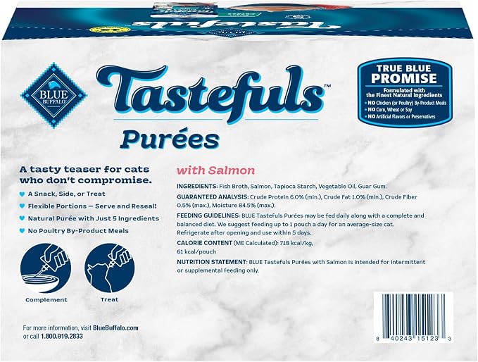 Blue Buffalo Tastefuls Purées with Salmon, Natural Cat Food Complement, Resealable Twist Cap Pouches, 3-oz. (12 Count)