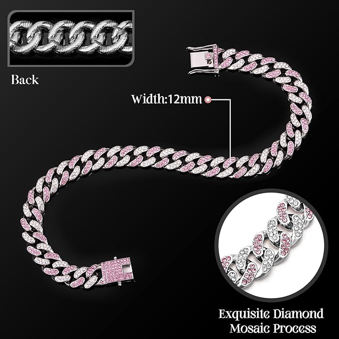 LEIFIDE Dog Chain Collar Diamond Link Puppy Collar 12 mm Wide Dog Necklace Metal Cat Chain Pet Crystal Necklace Jewelry Accessories for Small Medium Large Pet(8 Inch,Silver, Pink White)