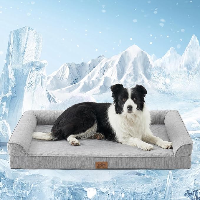 COZY KISS Cooling Dog Bed for Large Dogs, 42"x30" Orthopedic Foam Sofa with Bolster Sides, Q-Max >0.4 Cooling Technology, Cool Pet Bed with Removable Washable Cover, Grey