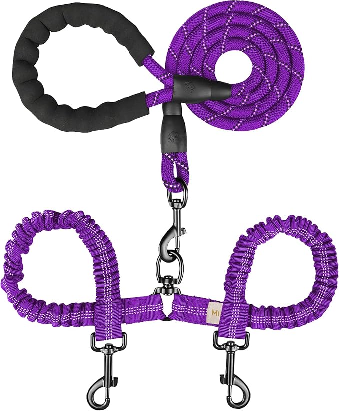MingXpets Double Dog Leash, Dual Dog Leash, 360° Swivel Tangle Free Bungee Walking Training for Large Medium Dogs, Shock Absorbing Bungee Reflective for Two Dogs, 18~120 lbs, Purple