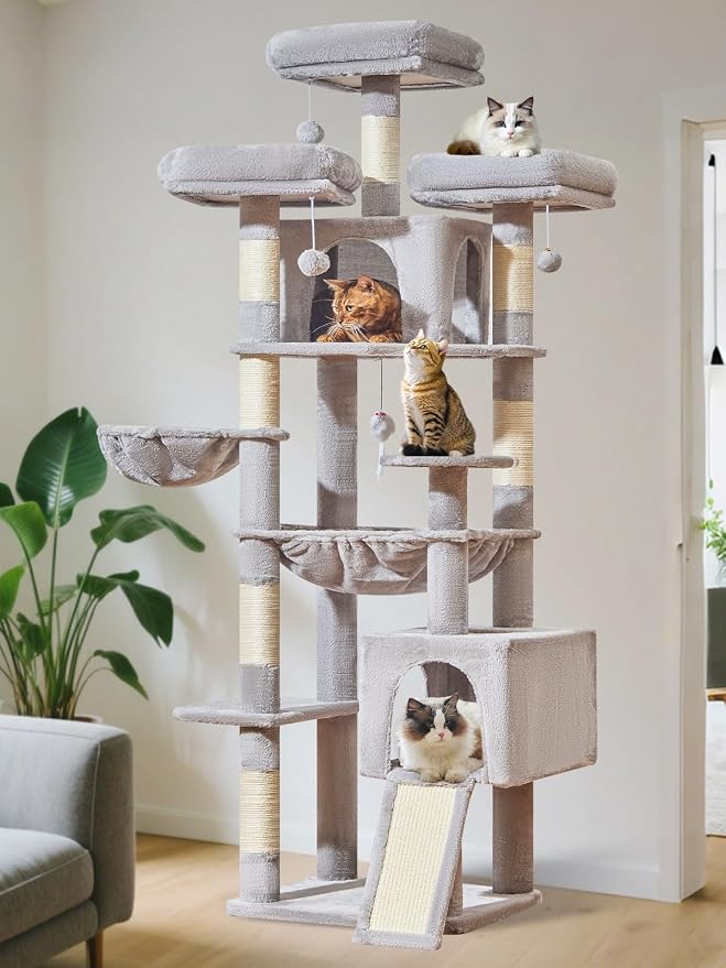 Taoqimiao 76-Inch Cat Tree XXL for Large Cats, Giant Cat Tower with Scratching Board, Extra-Large Metal Hammock, 3 Perches, 7 Sisal Posts, 2 Big Condos, Hanging Basket, Light Gray, MS047W