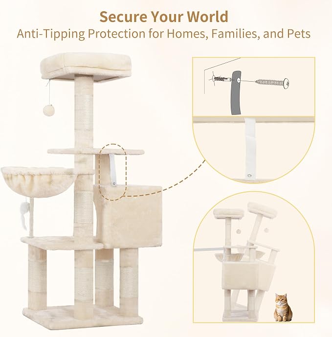 Heybly Cat Tree with Toy, Cat Tower condo for Indoor Cats, Cat House with Padded Plush Perch, Cozy Hammock and Sisal Scratching Posts, Beige HCT004SM