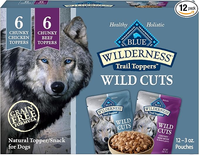 Blue Buffalo Wilderness Trail Toppers Wild Cuts Chicken & Beef Variety Pack, Natural Wet Dog Food Made with Natural Ingredients, Protein-Rich & Grain-Free Recipes, 3-oz. Each (12 Pouches)