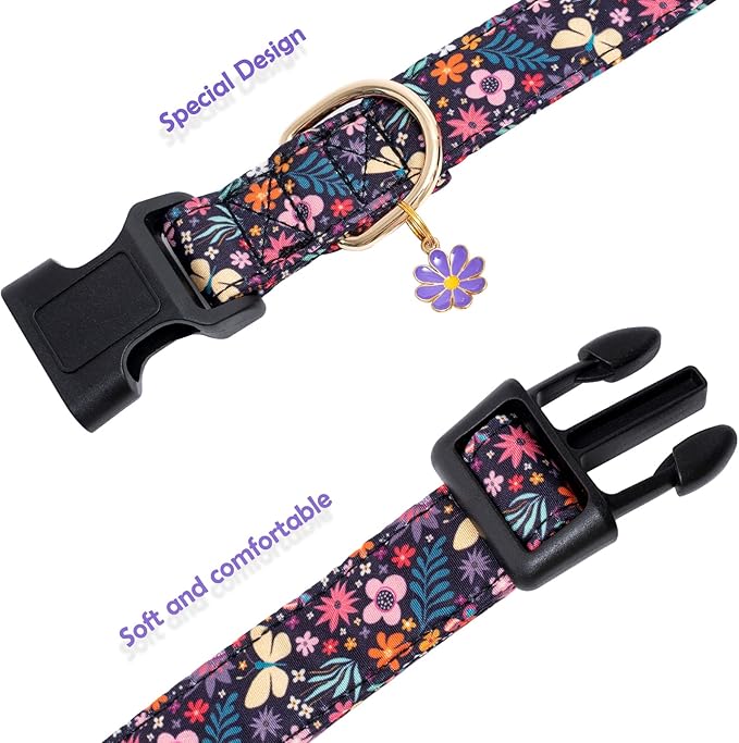 Faygarsle Cotton Designer Dogs Collar Cute Flower Dog Collars for Girl Female Small Medium Large Dogs with Purple Flower Charms M