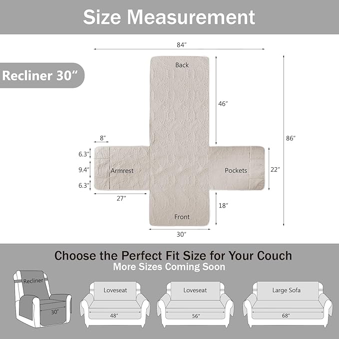 Large Beige Recliner Chair Covers, Quilted Décor Water-Repellent Lazy Boy Chair Covers, Pet Friendly Large Recliner Cover for Dogs Cats, Washable Couch Cover (Recliner 30", Beige Cream)
