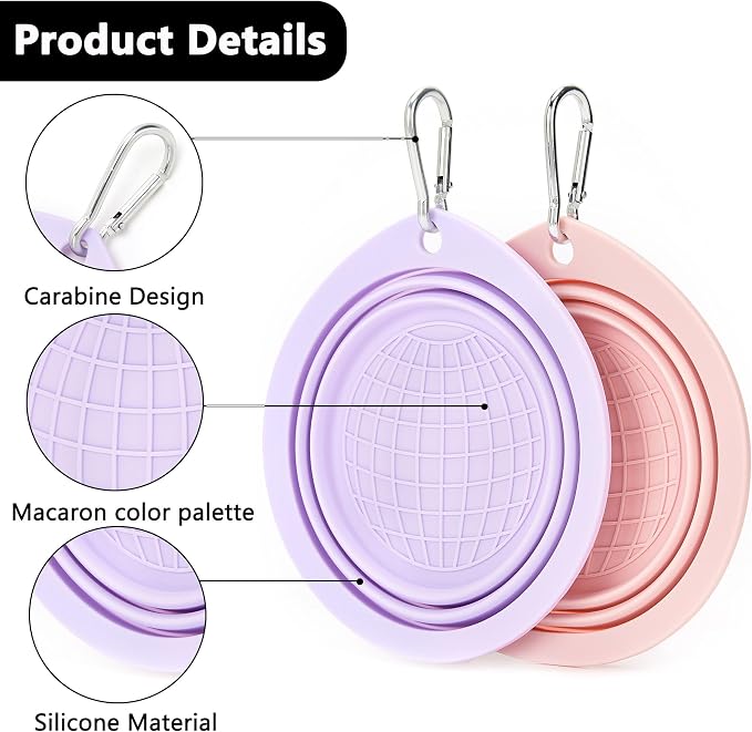 3 Pack Collapsible Dog Bowls,Pet Bowls with Pet Poop Bag Dispenser Set,Portable Silicone Travel Dog Bowls for Walking,Hiking,Camping,Outdoor Travel(Pink&Purple)