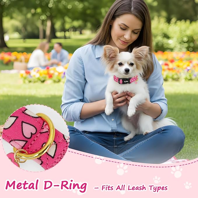 Dog Collars for Large Dogs, Dog Collar with Pink White Heart Pattern, Adjustable Pet Collar with Safety Buckle & Heart Charm, Spring Summer Dog Collar for Large Girl Boy Dogs-L