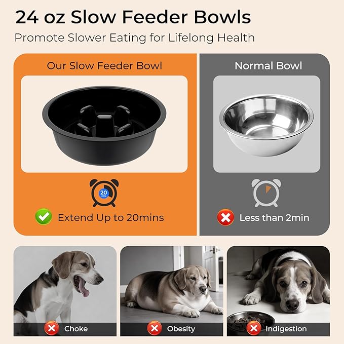 URPOWER Mess Proof Elevated Dog Bowls, High Wall Splash Guard Design, 4 Height Adjustable Raised Bowl Stand with Stainless Steel Bowl & Slow Feeder Bowl, Non-Slip Food Water Set for Small Dogs