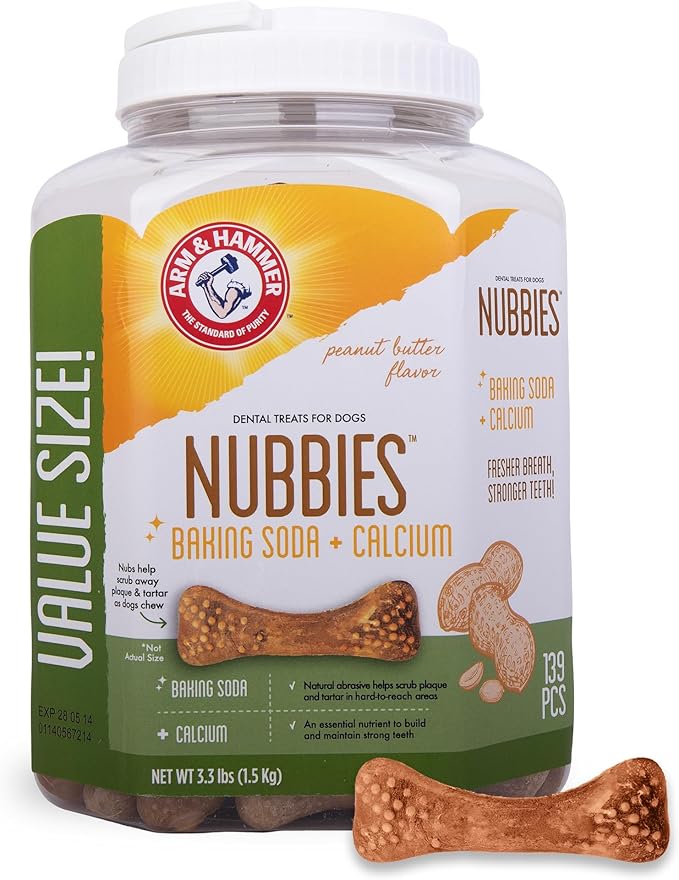 Arm & Hammer for Pets Nubbies Dental Treats Value Size Baking Soda Calcium Helps Scrub Plaque Tartar Peanut Butter Flavor Daily Oral Care 139 Count 52.8 OZ Value Bucket Dogs and Puppies Daily