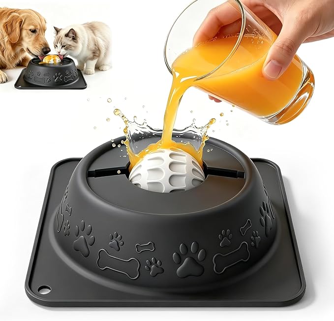 Slow Feeder Dog Bowl for Liquid Treats, Anti-Slip Lick Bowl, Bone Broth and Yogurt Puzzle Feeder, No Spill Pet Bowl Pup Lick Toy for Large Medium Small Dogs and Cats, Anxiety Relief, Black