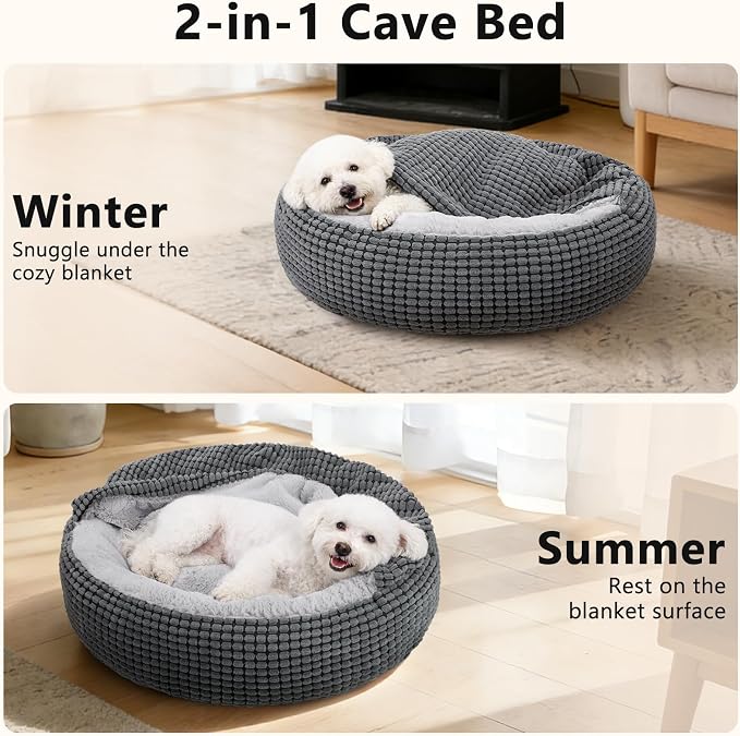 Dog Bed with Attached Blanket for Small Dogs or Cats, Soft Plush Cozy Donut Cuddler Hooded Pet Beds Washable. Round Puppy Bed Orthopedic, Calming Cat Cave Bed. Anti-Slip Bottom 26inch