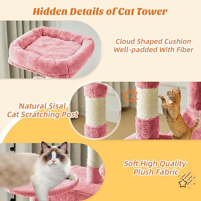 Sweetcrispy 44 Inch Cats Tree Tower, Cat Climbing Tower with Natural Sisal Scratching Posts, Hammock, Pet Condo for Indoor Cats and Kittens Play, Pink