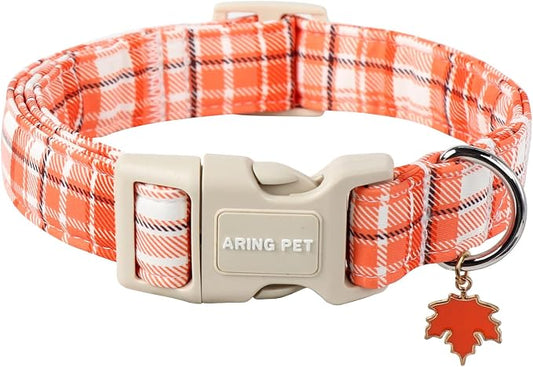 ARING PET Fall Dog Collars, Cute Orange White Plaid Halloween Autumn Pumpkin Maple Leaves Pet Collar with Quick Release Buckle for Small Medium Large Girl Boy Dogs-S