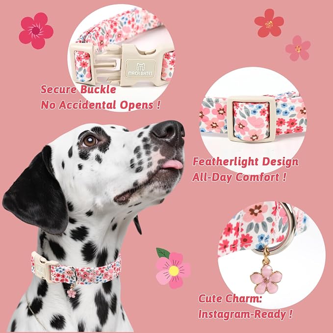 Maca Bates Pink Floral Basic Dog Collar with Cute Flower Charm for Small Girl Boy Dogs, Girly Pastel Blossom Pattern,Adjustable Durable Soft Collars Spring Gift for Female Puppy